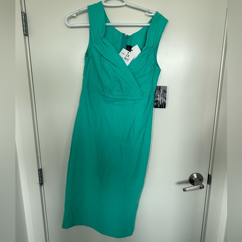 Steady Mint Green Retro Sheath Midi Dress V-Neck Sleeveless - fits 8-14